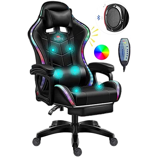FZYUAN Video Gaming Chairs with LED Light, Ergonomic Pro Gaming Chair with Full Massage Lumbar Support, Bluetooth Speakers Computer Chair for Retractible Footrest and Backrest Adjustable,Black