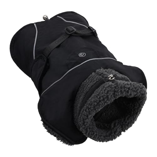 LOL-FUN 冬用のフリース裏地付き暖かい犬用コート、ハーネス付き犬ジャケット子犬コート, Black L