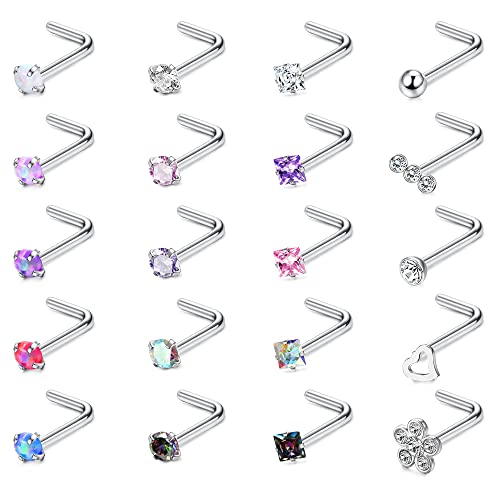 Adramata 20 Pcs 20G Anneaux de Nez en Chirurgical Ensemble de Clous de Nez Diamant Opale CZ Piercing de Nez Bijoux pour Femmes Hommes Vis/Droit/en Forme de L...