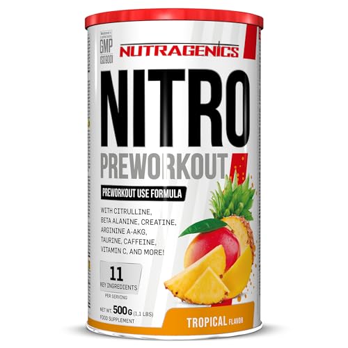 Nutragenics Nitro Preworkout - 500 g - pre entrenos potentes - Pre workout gym con Arginina, Beta Alanina, Citrulina, Creatina, Taurina, Cafeina - Preentreno gimnasio Prework Gym (Tropical)
