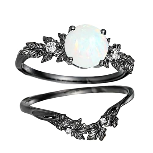 Opal/Blue Sandstone/Rutilated Quartz/Moss Agate Wedding Ring Set S925 Sterling Silver Unique Black Engagement Ring Set for Women Wife