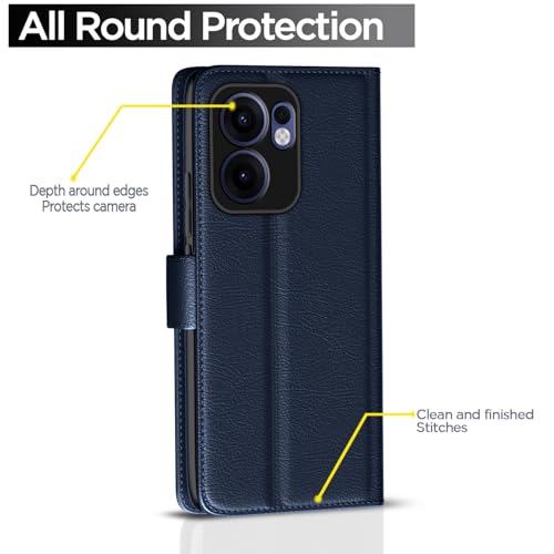 Image of Pikkme Flip Cover Leather Finish | Inside TPU with Card Pockets | Wallet Stand and Shock Proof | Complete Protection Button Flip Case for Oppo Reno 13F 5G(Blue)