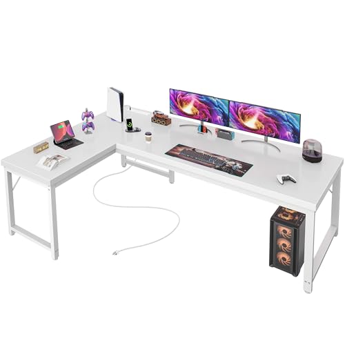 Huuger 63 Inch L Shaped Desk with Power Outlets and USB-C Port, Reversible Computer, Larger Office Corner Gaming Desk, 0.95 Inch Thicker Desktop, Metal Frame, for Home Office, Study, White
