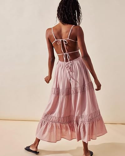 Image of VIUTIL Flowy Maxi Dress for Women Summer Cotton Backless Beach Long Dress with Pockets 2026
