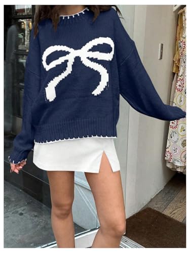 Women's Bow Graphic Long Sleeve Knitted Sweater Round Neck Drop Shoulder Pullover Sweaters3