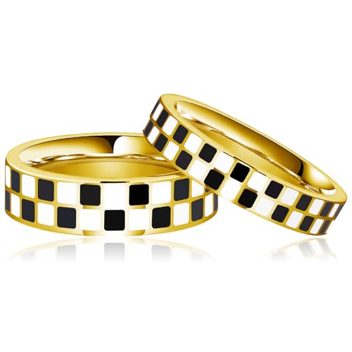 AmorArtSky Couple Chessboard Wedding Bands Set - 18K Gold Plated Stainless Steel Stackable Rings for Him & Her | Geometric Design, 6mm & 4.5mm Widths, Hypoallergenic, Mirror Polish | Sizes 6-10