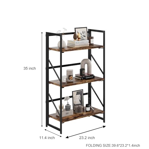 Image of JSB No Assembly Folding Bookshelf, 3 Tier Industrial Metal Book Shelf for Storage, Vintage Wood Foldable Bookcase for Living Room, Bedroom, Office Organization Shelves