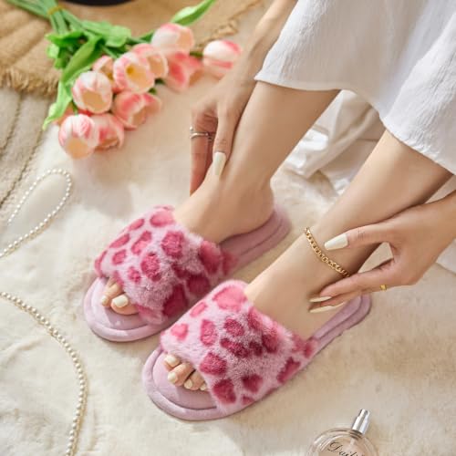 Image of GOEWY Women's Fuzzy Open-Toe House Slippers with Memory Foam - Leopard Print Cheetah Plush Cozy Cute Slipper Indoor /Outdoor Soft Slip On Slides Gifts for Women Mom Her Ladies