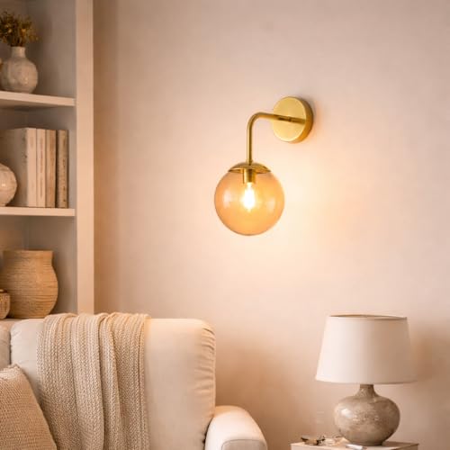 Image of Modern Gold Wall Lamp with Amber Glass Globe | Decorative Wall Light Fixture for Bedroom Living Room Hallway Drawing Room | Elegant Home Decor Wall Mounted Lamp | Without Bulb