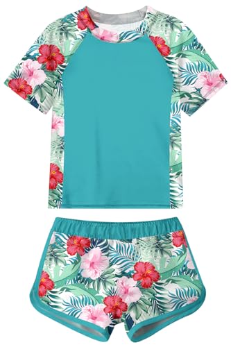 Image of Fanient Two Pieces Swimsuits for Girls UV Sun Protection Swimming Set Kids Flower Printed Surfing Suits Green 9-10 Years,10T