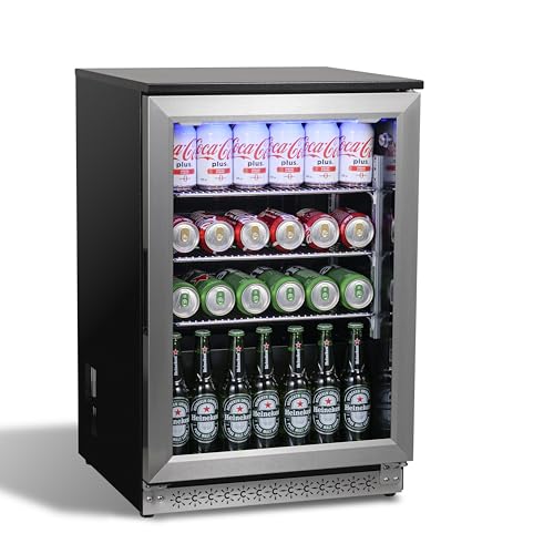 ChillFoce 20 Inch Under Counter Beverage Fridge with Glass Door, Beverage Refrigerator Cooler 120 Can,Built in or Freestanding,Fast Cooling,Quiet ≤39 dBs,Blue LED Light Cooler for Bar, Home, Office