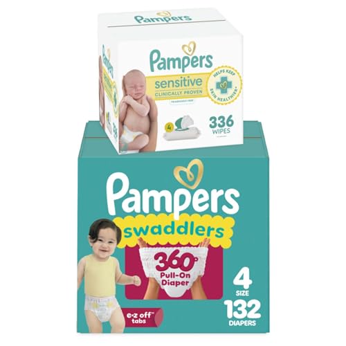 Image of Pampers Swaddlers 360 Pull-On Diapers, Size 4, 132 Count, with Sensitive Baby Wipes, 4 Flip-Top Packs (336 Wipes Total) [Packaging May Vary]