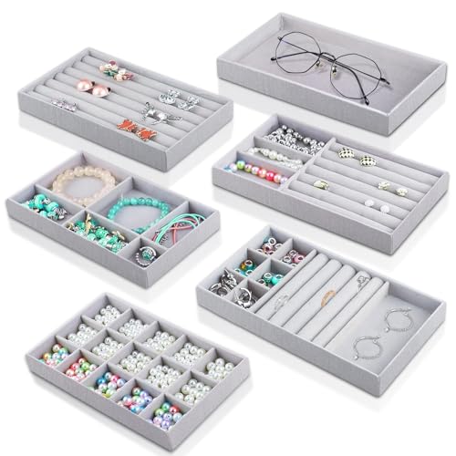 Fynokst Schmucktablett Set, 6 Stück, Stapelbar Samt Schmuckeinsatz für Schubladen, Schmuckaufbewahrung für Ohrringe, Ringe, Armbänder