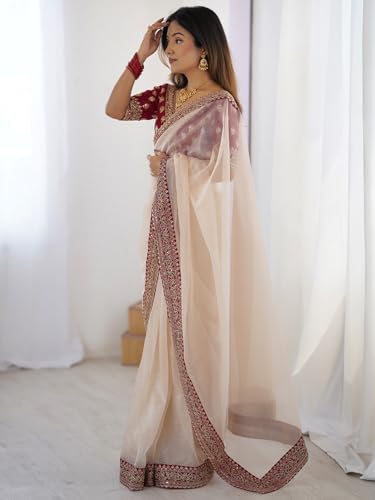 Image of AKHILAM Women's Shimmer Satin Sequence Embroidery Work Border Saree With Unstitched Blouse Piece