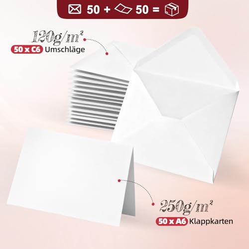 50er Set Klappkarten Blanko mit Umschlag: Klapp-Karten zum Selbstgestalten, Beschriften oder Bedrucken für Grußkarten, Hochzeitseinladungen, Postkarten und handgemachte Karten - DIN A6/C6, Weiß