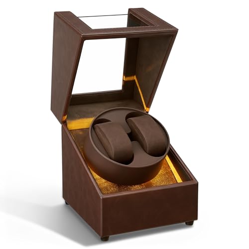 Mcbazel LED Double Automatic Watch Winder with Yellow Light Quiet Motor Display Storage Rotation Wrist PU Leather Watch Box with 2 Slots-Brown