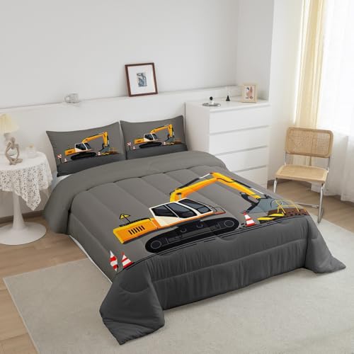 Image of Feelyou Excavator Comforter Set Boys Cute Vehicles Truck Car Print Bedding Set Kids Cartoon Machinery Cars Comforter for Children Teens Room Decor Construction Site Duvet Set Twin Size