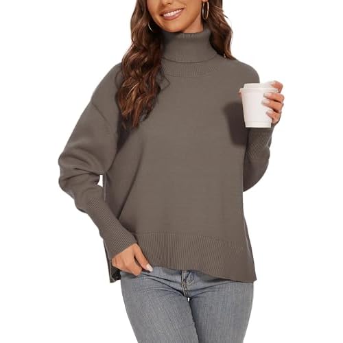 Women's Turtleneck Sweater Long Sleeve Casual Ribbed Pullover 2025 Fall Winter Loose Knit Jumper Top Coffee Small