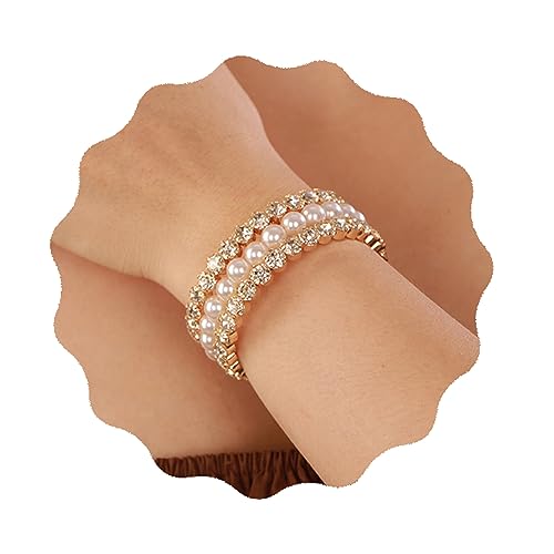 YERTTER Wedding Gold 3 Row Pearl Rhinestone Stunning Bracelet Layered Adjustable Stretch Wrap Cuff Bridals Crystal Strand Bracelet Gift for Women Brides (Gold 3)