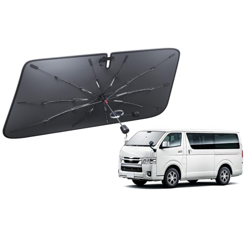 【車種専用】 Lamicall トヨタ ハイエース 200系標準ボディ 傘式 サンシェード : フロントガラス サンシェード 日除け （ガラス繊維製強化十本骨・360度曲がる中棒） 車用 フロントサンシェード uvカット 車 クルマ かさ フロント さんしえーど 折り畳み式 傘 カー用品 遮光 遮熱 紫外線遮蔽 擦り傷防止 チタン銀 断熱素材 暑さ対策 バックミラー対応 取付簡単 収納ポーチ付き