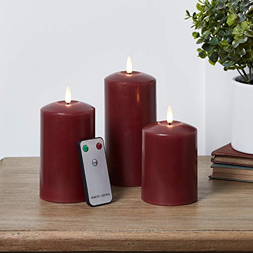 Lights4fun, Inc. Set of 3 TruGlow Burgundy Wax Flameless LED Battery Operated Pillar Candles with Remote Control