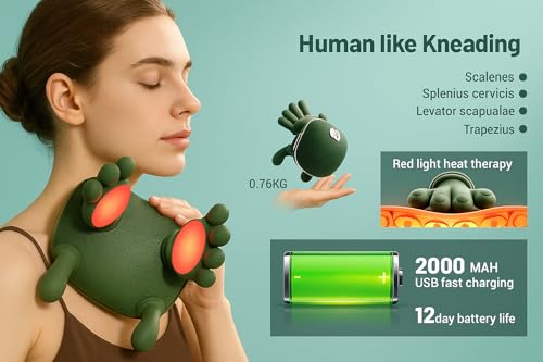 Image of Bionic Heated Massager, Electric Deep Tissue 4D Kneading Massage, Wireless Portable Shiatsu Neck and Back Massager, Simulated Human Hand Design for Pain Relief and Muscle Relax (Green)