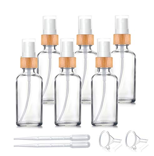 6 Pack,1.7 oz Clear Glass Atomizer Bottle for Essential Oils,Empty Portable Glass Perfume Spray Bottle with Bamboo Cap Travel Fine Mist Vial Liquid Cosmetic Container