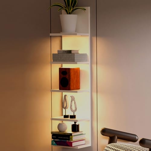 Image of Homaterial 5 Tier Wall Shelf with Light, White Modern Vertical Lack Wall Shelves, Wall Mount, Floating Column Home Decor Shelves for Bedroom, Living Room, Vanity Storage Display