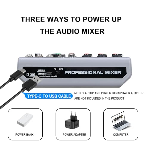 BOMGE Audio Mixer, Sound Board Mischkonsole mit 5 Kanal Digital USB Bluetooth Echo Delay Effekt, 48V Phantomspeisung Stereo DJ Mixer für Aufnahme, Live Streaming, Podcasting