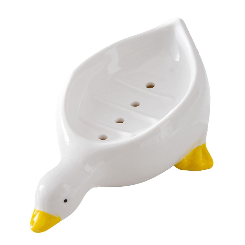 CTRLZS 1 Piece Yellow Duck Shape Soap Box Cartoon Soap Dish Drainable Soap Holder Soap Container Ceramics Soap Dish for Tray Bathroom