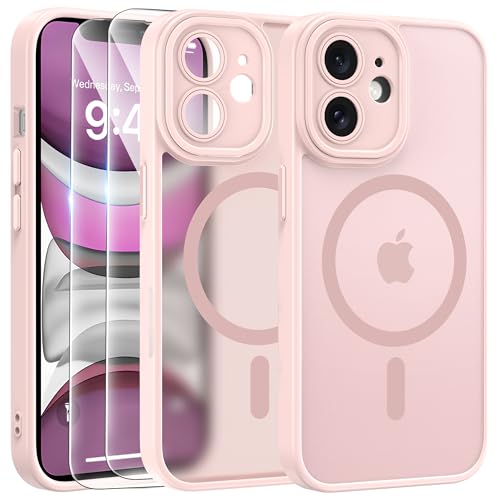FLLAO Funda para iPhone 11, Compatible MagSafe, con 2 Piezas Protector de Pantalla Cristal Templado, [Protección de Cámara] Magnética Carcasa Translúcida Mate Trasera Fina Antigolpes, Rosa