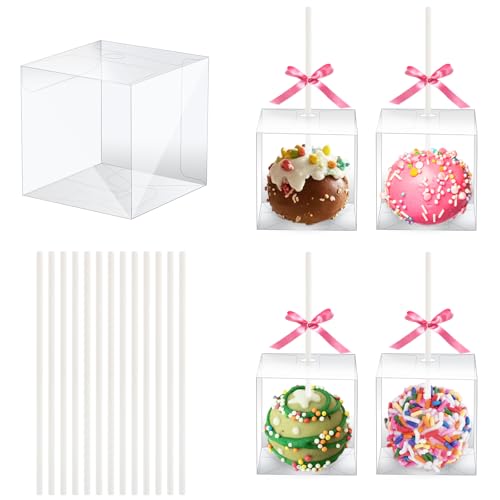 MGWOTH 35 Set Cake Pop Boxes with Paper Sticks Kit: Clear Gift Container with Holes for Candy Macaron Lollipop Packaging Mini Plastic Cakepop Wrapping for Wedding Party Birthday Christmas
