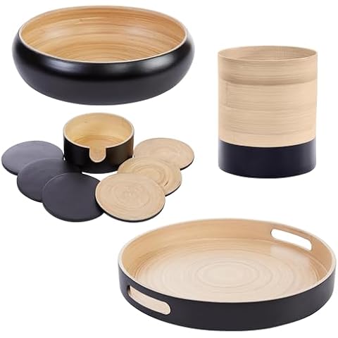 HABITAAS Matching Utensil Crock, Fruit Bowl, Serving Tray and Coasters Bundle in Black Cover