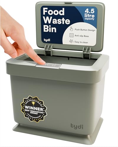 Tydi 4.5L Food Waste Bin with Press-Button Lid – Compost Bins for Kitchen - Anti-Slip Base and Secure Lid Kitchen Compost – Small Indoor Caddy for Cupboard or Countertop – Mint