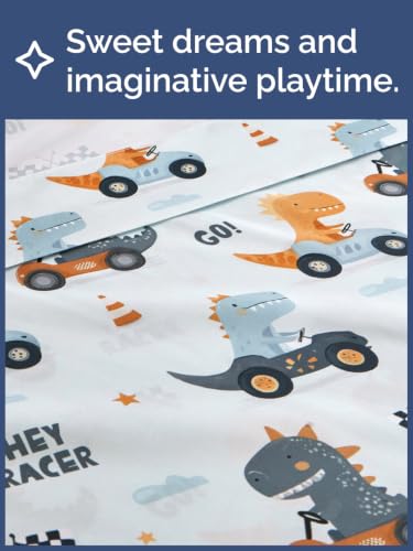 Image of Kids Queen Size Dinosaur Bed Sheets - 4 Piece Kids Dinosaur Sheet Set - Speedy Racecar Bedding - Ultra-Soft, Cute & Cozy - Breathable & Machine Washable - Fun Bed Set for Boys, Girls, Teens & Toddlers