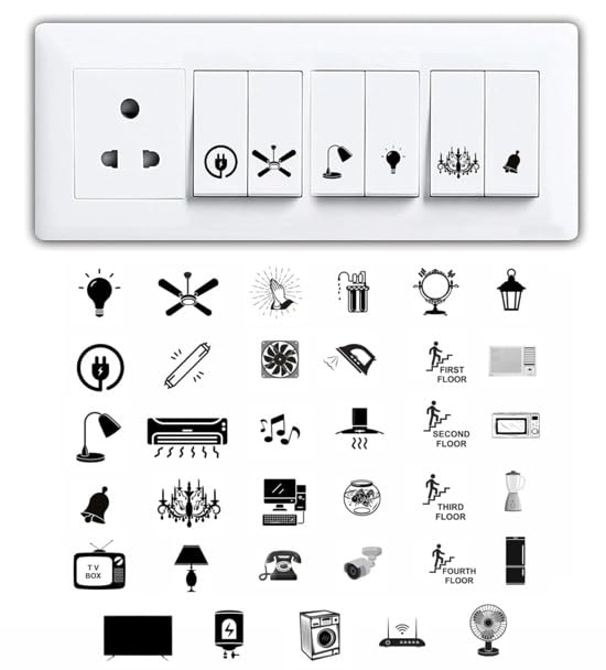 Image of S M Prints Switch Board Stickers for Home and Office - 35 Pattern 600 Pcs Self Adhesive, Modern Electric White Switch Board Covers, Transparent Stickers for Switches Stickers Pack of 4 Sheet