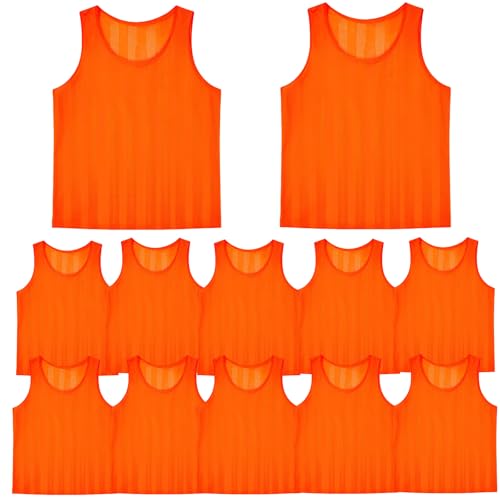 Set of 12 Orange Scrimmage Vests, Team Practice Soccer Pinnies for Child Youth Adult, Lightweight Basketball Sports Jersey