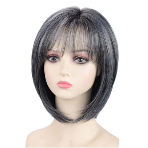 RENERSHOW Grey Medium Length Bob Wig with Bangs Layered Straight Hair...