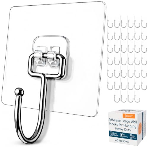 Image of GLUIT Adhesive Large Wall Hooks for Hanging Heavy Duty 22 lbs Hooks for Walls No Drill, Towel Sticky Clear Hooks, Waterproof, Home, Bathroom, Kitchen, Office, and Outdoor 40 Pack