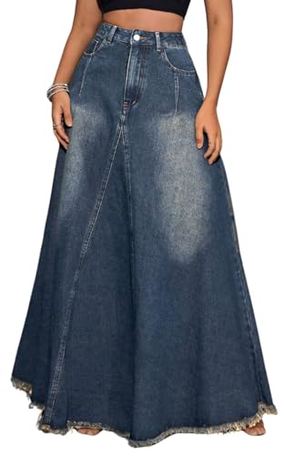 XQR Womens Vintage Full Length Denim Skirts High Waisted Frayed Raw Hem Flared A Line Maxi Long Jean Skirts (Large DarkBlue)