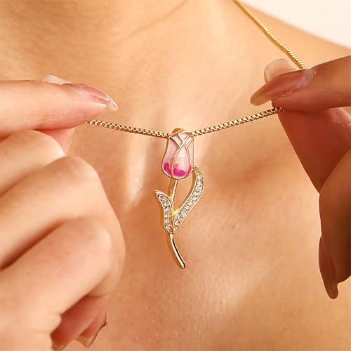 Image of coadipress Tulip Flower Pendant Necklace for Women Dainty Elegant Boho Temperament Crystal Tulip Necklace Trendy Statement Friendship Jewelry