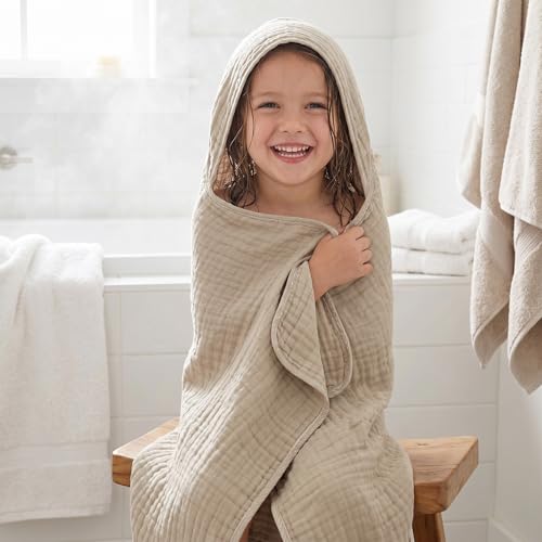 Image of Peryiter 4 Pcs Muslin Hooded Baby Towels, 32 inchx 32 inch Cotton Newborn Bath Towel Muslin Infant Baby Blankets Absorbent Unisex Newborn Registry Gift Essentials for Girls Boys (Gray Series)