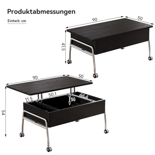 Guyii Couchtisch höhenverstellbar mit Stauraum, multifunktionaler Wohnzimmertisch höhenverstellbar, Lift-Top Couchtisch mit Fächern und Rollen, moderner Tisch für Wohnzimmer – Bild 3