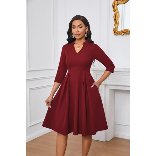 Max2co Midi Dresses for Women Semi Formal Fit and Flare A-Line Swing Dress 3/4 Sleeve Church Cocktail Dress with Pockets3
