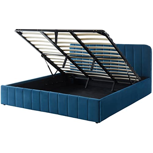HOMIFAB Lit Coffre 180x200cm en Velours Bleu Canard avec tête de lit + sommier à Lattes - Collection Ava Cover