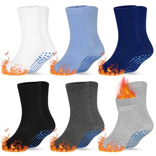 SkiBeaut Toddlers Non Slip Socks 6 Pairs Mid Calf Thickened Padded Anti Skid Kid Child Warm Winter Toddler Socks Boys Girls 5-7 Years