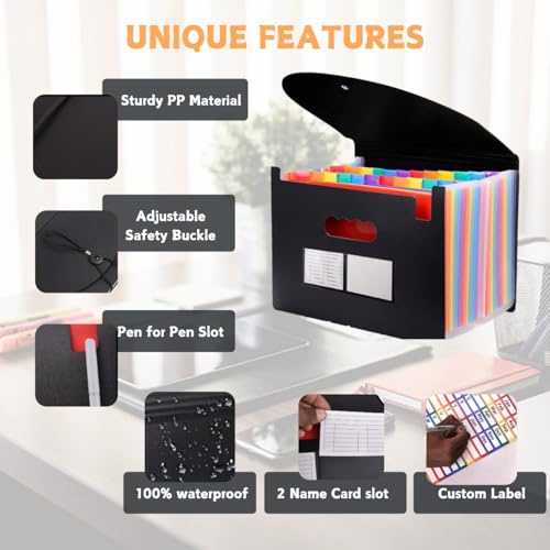 Image of 27 Pocket File Organizer & A Pen, A4 /Letter Size Portable Accordion Files & Folders, Expanding File Folder, Document Organizer Bag (Black, 27 Pocket Expandable File Folder, 27)