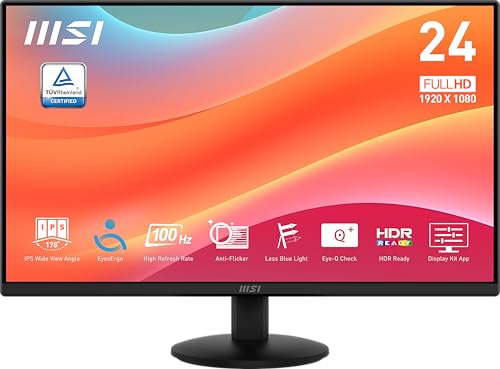 MSI Pro MP242L Monitor de 23,8" FHD para Oficina: Panel IPS de 1920 x 1080, 100 Hz, 4 ms, EyesErgo Tech, inclinación Ajustable, HDR Ready - Negro