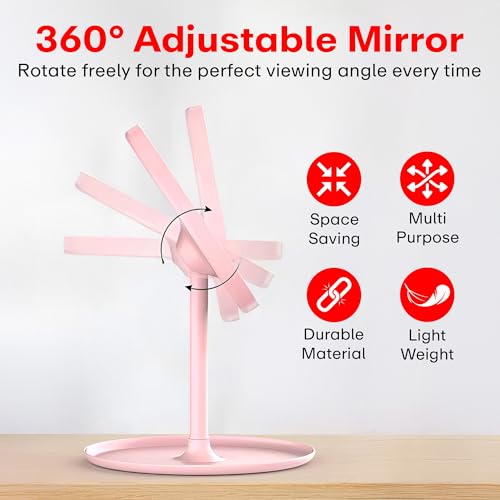 Image of Prime Pick Beauty Pro Makeup Mirror 360 Degree Rotating Mirror Non LED Portable Lightweight Travel Makeup Mirror for Daily Use Dressing Table Vanity Pink Pack of 1