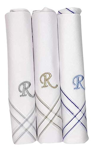 Concerto Men's Fine Cotton Embroidered Initial Handkerchief - R - Gifts For Husbands, Valentine, Fathers And Sons On Birthdays, Diwali And Christmas. Free Size White